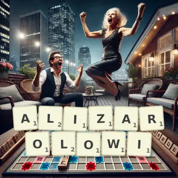 Kreatywna ilustracja do gry w Scrabble ze słowem ALIZAROLOWI ułożonym z płytek na planszy.