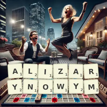 Kreatywna ilustracja do gry w Scrabble ze słowem ALIZARYNOWYM ułożonym z płytek na planszy.