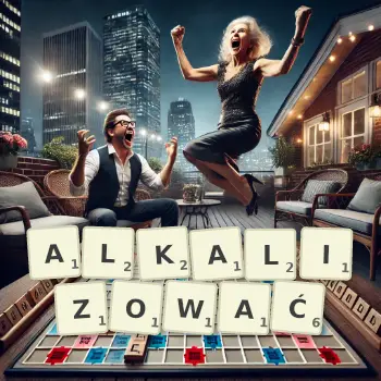 Kreatywna ilustracja do gry w Scrabble ze słowem ALKALIZOWAĆ ułożonym z płytek na planszy.