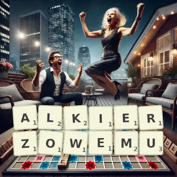 Kreatywna ilustracja do gry w Scrabble ze słowem ALKIERZOWEMU ułożonym z płytek na planszy.