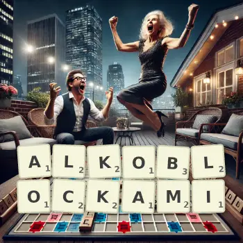 Kreatywna ilustracja do gry w Scrabble ze słowem ALKOBLOCKAMI ułożonym z płytek na planszy.