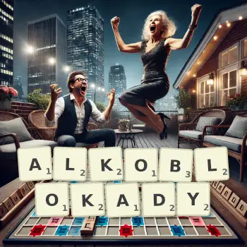 Kreatywna ilustracja do gry w Scrabble ze słowem ALKOBLOKADY ułożonym z płytek na planszy.