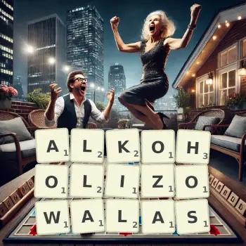Kreatywna ilustracja do gry w Scrabble ze słowem ALKOHOLIZOWALAS ułożonym z płytek na planszy.