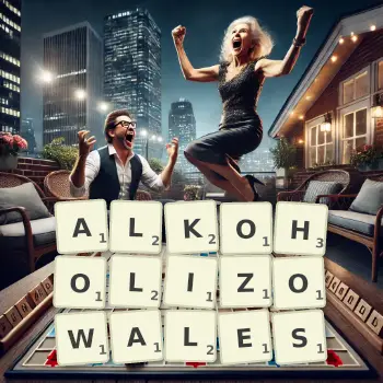 Kreatywna ilustracja do gry w Scrabble ze słowem ALKOHOLIZOWALES ułożonym z płytek na planszy.