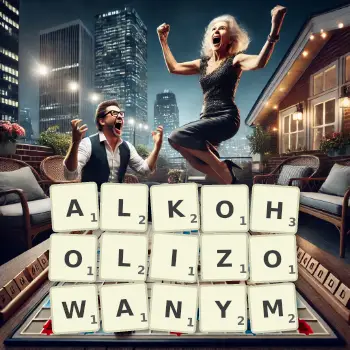 Kreatywna ilustracja do gry w Scrabble ze słowem ALKOHOLIZOWANYM ułożonym z płytek na planszy.