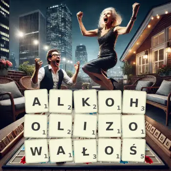 Kreatywna ilustracja do gry w Scrabble ze słowem ALKOHOLIZOWAŁOŚ ułożonym z płytek na planszy.