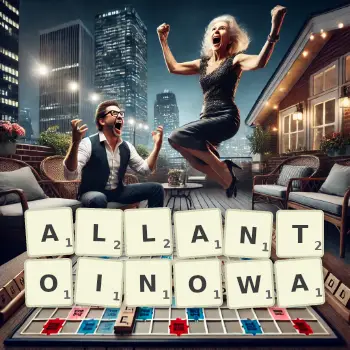 Kreatywna ilustracja do gry w Scrabble ze słowem ALLANTOINOWA ułożonym z płytek na planszy.