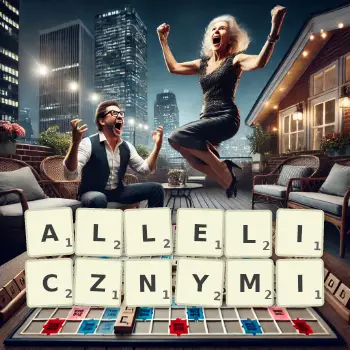 Kreatywna ilustracja do gry w Scrabble ze słowem ALLELICZNYMI ułożonym z płytek na planszy.