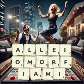 Kreatywna ilustracja do gry w Scrabble ze słowem ALLELOMORFIAMI ułożonym z płytek na planszy.