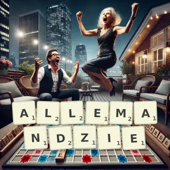 Kreatywna ilustracja do gry w Scrabble ze słowem ALLEMANDZIE ułożonym z płytek na planszy.