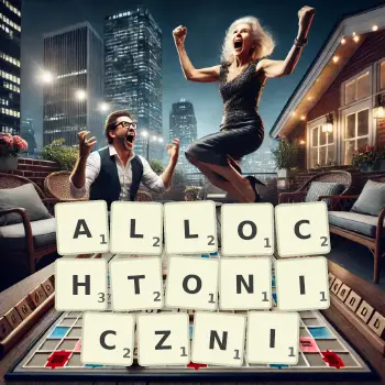 Kreatywna ilustracja do gry w Scrabble ze słowem ALLOCHTONICZNI ułożonym z płytek na planszy.