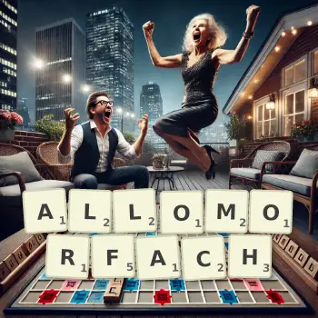 Kreatywna ilustracja do gry w Scrabble ze słowem ALLOMORFACH ułożonym z płytek na planszy.