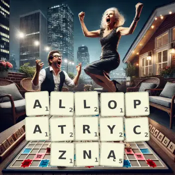 Kreatywna ilustracja do gry w Scrabble ze słowem ALLOPATRYCZNĄ ułożonym z płytek na planszy.