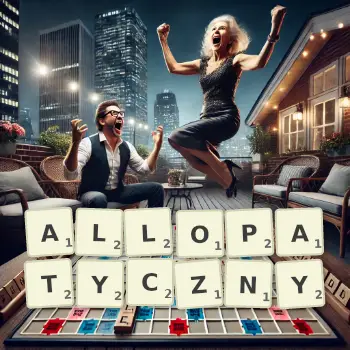 Kreatywna ilustracja do gry w Scrabble ze słowem ALLOPATYCZNY ułożonym z płytek na planszy.