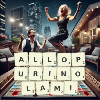 Kreatywna ilustracja do gry w Scrabble ze słowem ALLOPURINOLAMI ułożonym z płytek na planszy.