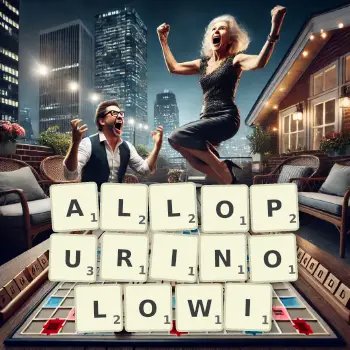 Kreatywna ilustracja do gry w Scrabble ze słowem ALLOPURINOLOWI ułożonym z płytek na planszy.