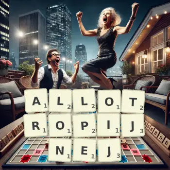 Kreatywna ilustracja do gry w Scrabble ze słowem ALLOTROPIJNEJ ułożonym z płytek na planszy.