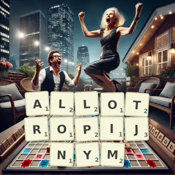 Kreatywna ilustracja do gry w Scrabble ze słowem ALLOTROPIJNYM ułożonym z płytek na planszy.