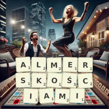 Kreatywna ilustracja do gry w Scrabble ze słowem ALMERSKOŚCIAMI ułożonym z płytek na planszy.