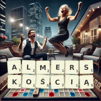 Kreatywna ilustracja do gry w Scrabble ze słowem ALMERSKOŚCIĄ ułożonym z płytek na planszy.