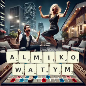 Kreatywna ilustracja do gry w Scrabble ze słowem ALMIKOWATYM ułożonym z płytek na planszy.