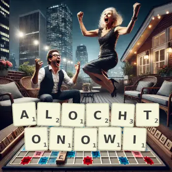 Kreatywna ilustracja do gry w Scrabble ze słowem ALOCHTONOWI ułożonym z płytek na planszy.