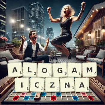 Kreatywna ilustracja do gry w Scrabble ze słowem ALOGAMICZNA ułożonym z płytek na planszy.