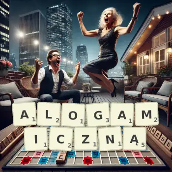 Kreatywna ilustracja do gry w Scrabble ze słowem ALOGAMICZNĄ ułożonym z płytek na planszy.