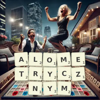 Kreatywna ilustracja do gry w Scrabble ze słowem ALOMETRYCZNYM ułożonym z płytek na planszy.