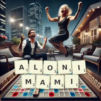 Kreatywna ilustracja do gry w Scrabble ze słowem ALONIMAMI ułożonym z płytek na planszy.