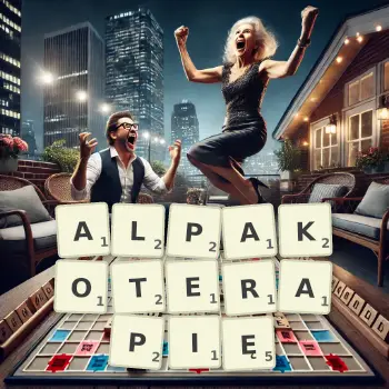 Kreatywna ilustracja do gry w Scrabble ze słowem ALPAKOTERAPIĘ ułożonym z płytek na planszy.
