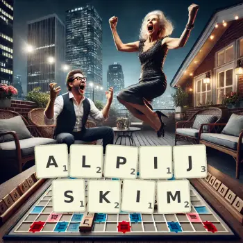 Kreatywna ilustracja do gry w Scrabble ze słowem ALPIJSKIM ułożonym z płytek na planszy.