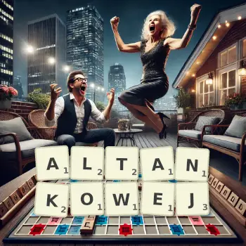 Kreatywna ilustracja do gry w Scrabble ze słowem ALTANKOWEJ ułożonym z płytek na planszy.