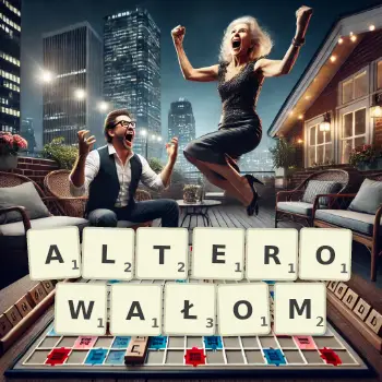Kreatywna ilustracja do gry w Scrabble ze słowem ALTEROWAŁOM ułożonym z płytek na planszy.