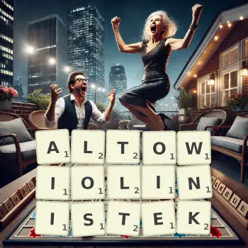 Kreatywna ilustracja do gry w Scrabble ze słowem ALTOWIOLINISTEK ułożonym z płytek na planszy.