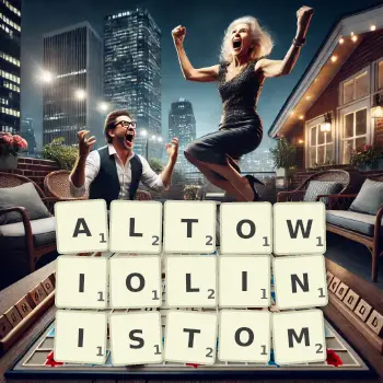 Kreatywna ilustracja do gry w Scrabble ze słowem ALTOWIOLINISTOM ułożonym z płytek na planszy.