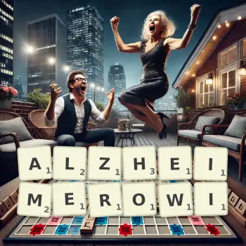 Kreatywna ilustracja do gry w Scrabble ze słowem ALZHEIMEROWI ułożonym z płytek na planszy.