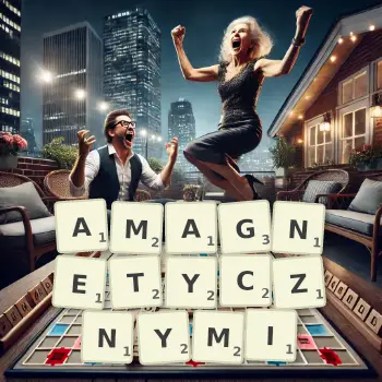 Kreatywna ilustracja do gry w Scrabble ze słowem AMAGNETYCZNYMI ułożonym z płytek na planszy.