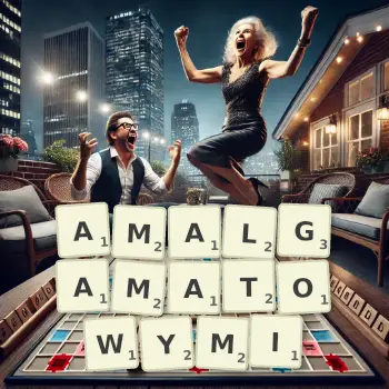 Kreatywna ilustracja do gry w Scrabble ze słowem AMALGAMATOWYMI ułożonym z płytek na planszy.