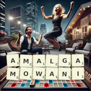 Kreatywna ilustracja do gry w Scrabble ze słowem AMALGAMOWANI ułożonym z płytek na planszy.