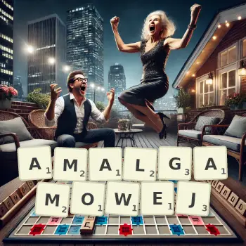 Kreatywna ilustracja do gry w Scrabble ze słowem AMALGAMOWEJ ułożonym z płytek na planszy.