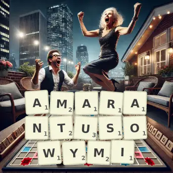 Kreatywna ilustracja do gry w Scrabble ze słowem AMARANTUSOWYMI ułożonym z płytek na planszy.