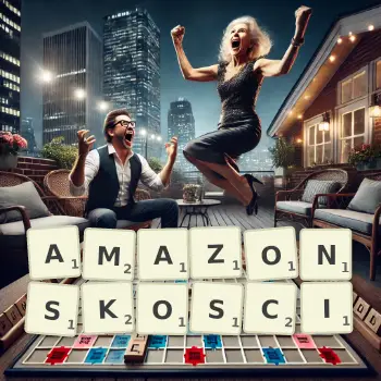 Kreatywna ilustracja do gry w Scrabble ze słowem AMAZONSKOSCI ułożonym z płytek na planszy.
