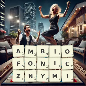 Kreatywna ilustracja do gry w Scrabble ze słowem AMBIOFONICZNYMI ułożonym z płytek na planszy.