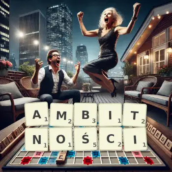 Kreatywna ilustracja do gry w Scrabble ze słowem AMBITNOŚCI ułożonym z płytek na planszy.