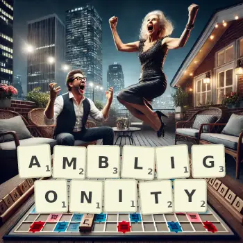 Kreatywna ilustracja do gry w Scrabble ze słowem AMBLIGONITY ułożonym z płytek na planszy.