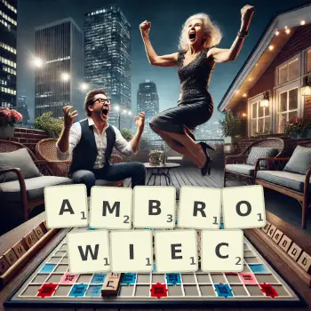 Kreatywna ilustracja do gry w Scrabble ze słowem AMBROWIEC ułożonym z płytek na planszy.