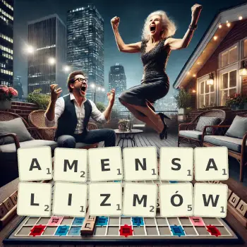 Kreatywna ilustracja do gry w Scrabble ze słowem AMENSALIZMÓW ułożonym z płytek na planszy.