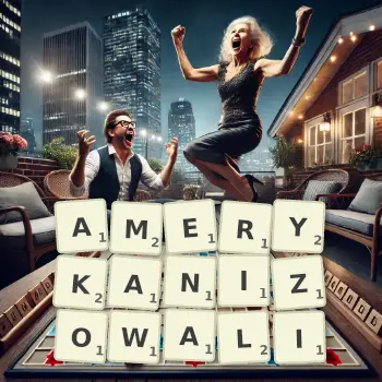 Kreatywna ilustracja do gry w Scrabble ze słowem AMERYKANIZOWALI ułożonym z płytek na planszy.