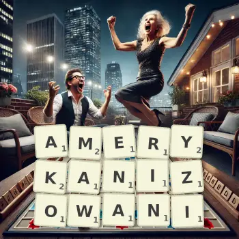 Kreatywna ilustracja do gry w Scrabble ze słowem AMERYKANIZOWANI ułożonym z płytek na planszy.